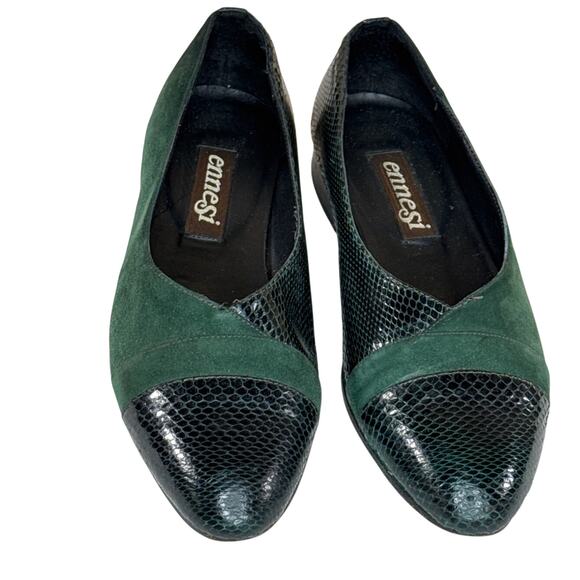 Ennesi Vintage Green Black Genuine Reptile Leather Loafers Flat Women Size 8.5 - Picture 1 of 8